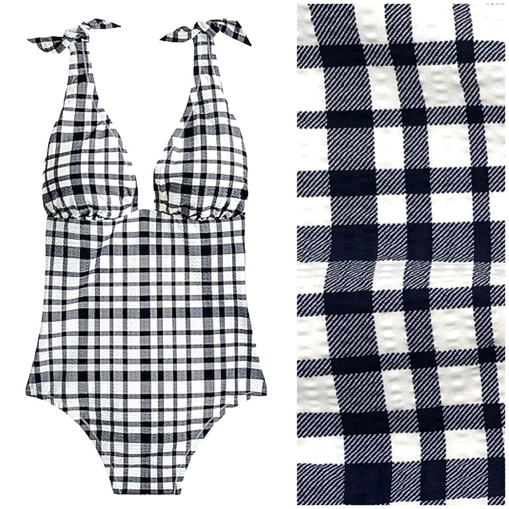 NEW J. Crew Tie-shoulder One-piece Swimsuit Navy White Marine Plaid Seersucker 6 - Picture 1 of 14